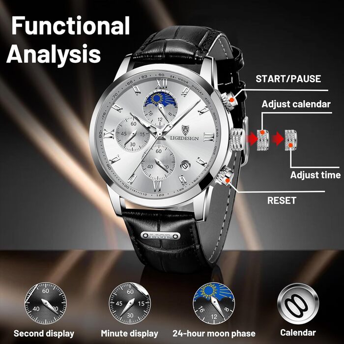 Годинник чоловічий LIGE, Хронограф, Аналоговий кварц, Ремінець з шкіри, Календар, Світлодіодна підсвітка, Водостійкий 3ATM, Бізнес/Повсякденний стиль (Чорний/Срібний)