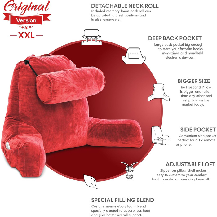 Подушка для чоловіків з підлокітниками - велика, для читання та відпочинку в ліжку. З преміум-піною з пам'яті, знімний валик для шиї на банджі. Червоний колір | Оригінальна версія