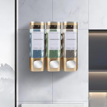 Настінний диспенсер для мила, гелю для душу та миття рук, 3 камери, ABS пластик, без свердління, для готелів та дому, 300 мл, золотий