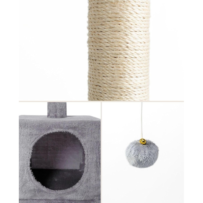 Cat Scratching Post with Cave and Plush Ball including Bell, Height 85 cm, Cat Tree with Sisal & Plush, Cozy Lounging Areas & Cave, Suitable for Small & Large Cats, (Light Gray (with name tag))