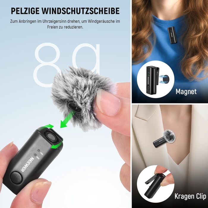 NEEWER Бездротовий петличний мікрофон KM23Max з акумулятором 8 годин, шумозаглушенням та USB-C, сумісний з DJI, Insta360, iPhone, Android, PC