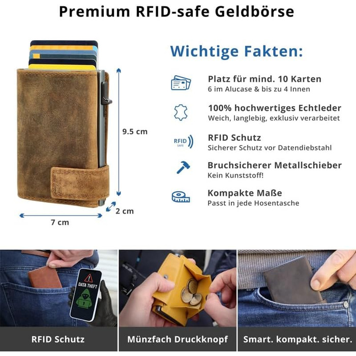 Шкіряний картхолдер SecWal з монетницею та RFID-захистом, коричневий (Hunter Brown) — компактний гаманець з кнопкою для чоловіків та жінок, Made in Germany