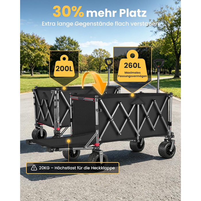 Універсальний складаний візок YEAUPE PRO 260L (250 кг) для пляжу, саду, покупок: міцний, чорний