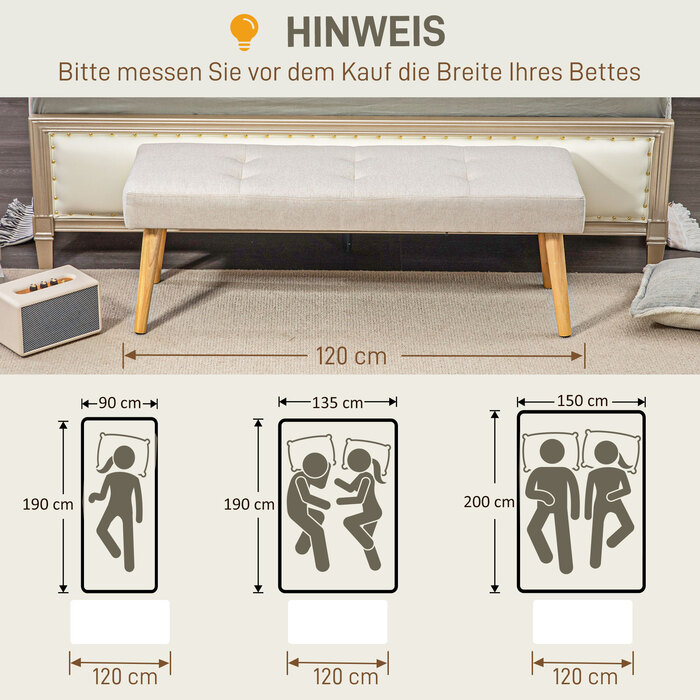 HOMCOM Bench, Upholstered Bench with Linen Look, Button Tufting, Bed Bench with Wooden Legs for Bedroom, Living Room, Hallway, 120 x 41 x 43 cm, Cream | Aosom