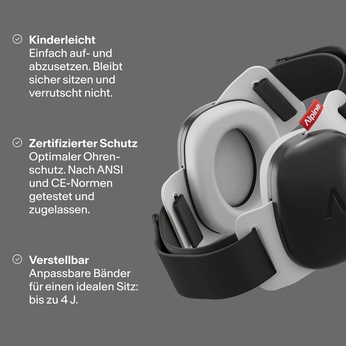 Захисні навушники Alpine Muffy Baby Klassik для дітей до 36 місяців - чорний колір. Безпечні, регульовані, запобігають пошкодженню слуху. Виготовлено в Німеччині.