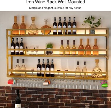 Настінна вітрина для вина з металу з підсвічуванням, 3 яруси, 100 см, чорний/золотий