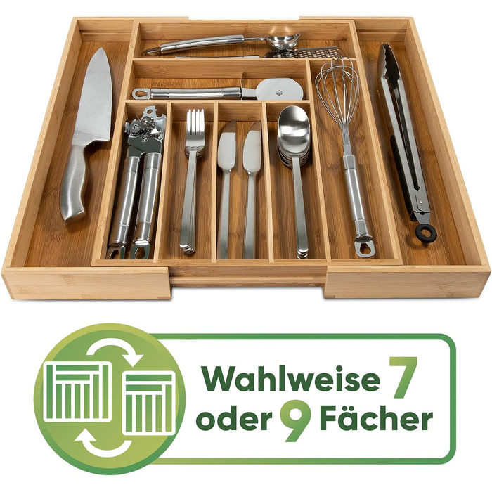Loco Bird Cutlery Box for Drawers made of Bamboo - Adjustable Drawer Organizer Kitchen Wood - Cutlery Insert for Drawers Pull-out up to 50cm - Drawer Insert Kitchen - Cutlery Organizer