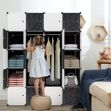 Wardrobe, Plastic Wardrobe, DIY Cube Wardrobe 20 Cubes, Shelf System Bedroom Wardrobe – Black, 145 x 37 x 178 cm