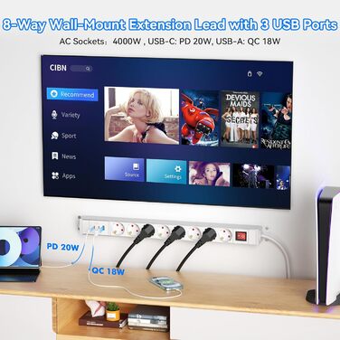 Мережевий фільтр із захистом від перенапруги, 10 розеток, поворотний на 360°, для стін, кабель 1.8м, 16A/4000W, для офісу та дому, чорний