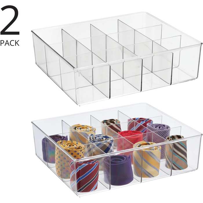 mDesign 2-piece storage box set with 12 compartments – practical closet box for the bedroom – ideal organizer for clothing and accessories made of BPA-free plastic – transparent