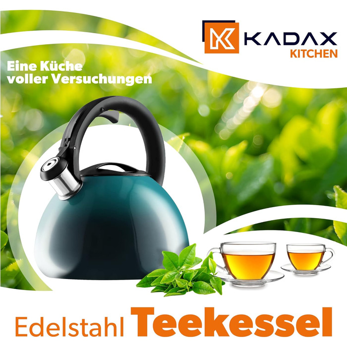 Чайник KADAX з нержавіючої сталі, 3л, з свистком, ретро-дизайн, блакитний