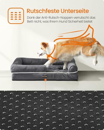 Feandrea Orthopedic Dog Bed, Dog Cushion, Dog Basket, Soft Padding, Dog Sofa, Raised Edges, Removable and Washable Cover, 91 x 71 x 20 cm, Non-Slip Bottom, Dark Grey PGW076G01