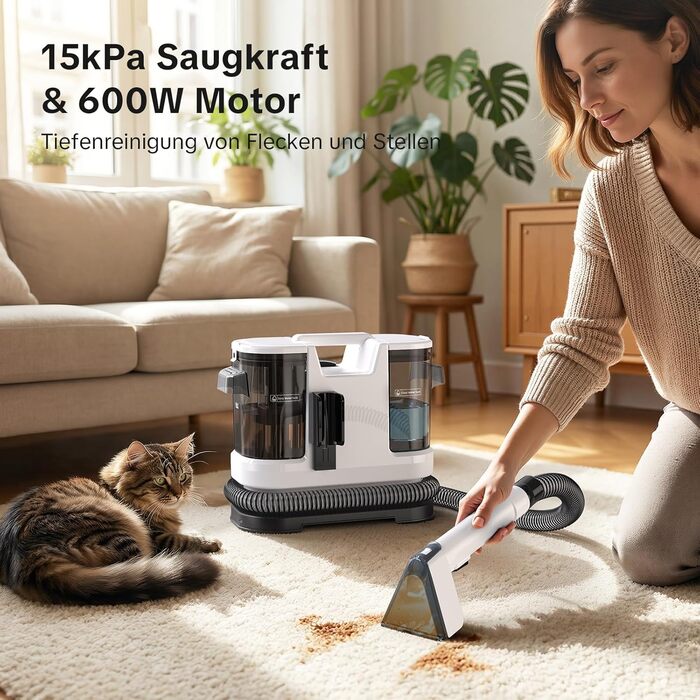 Lubluelu Пилосос для чищення м'яких меблів та килимів – 600 Вт, 20 кПа, з самоочищенням та довгим шлангом для килимів, диванів та авто (слонова кістка)