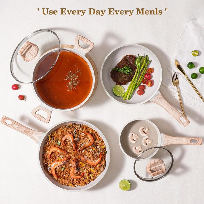 Набір каструль та сковорідок, 12 предметів, з антипригарним покриттям, індукційний, з граніту, без PFOA та PFOS, з силіконовими аксесуарами (білий)