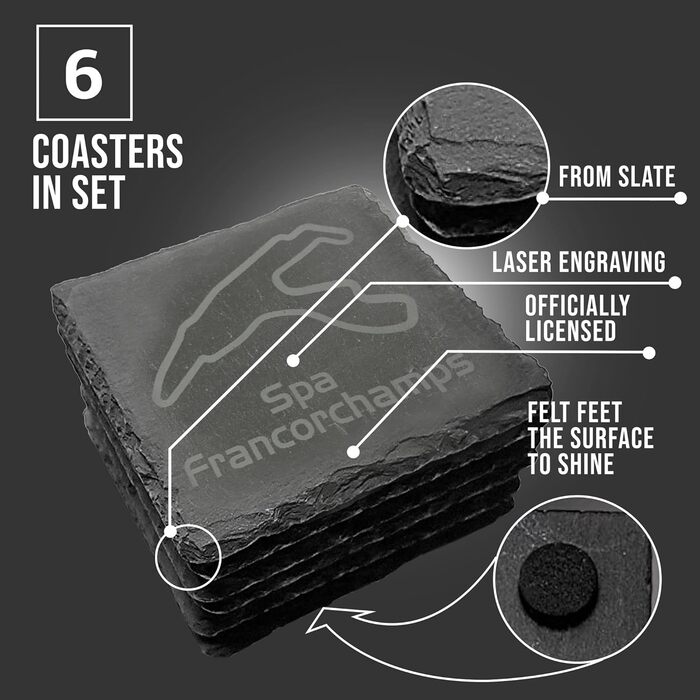 Nürburgring Coasters for Drinks, 6-Piece Set - Slate Coasters, for Home and Dining Room, Decoration, Racing Fans (Spa Francorchamps)