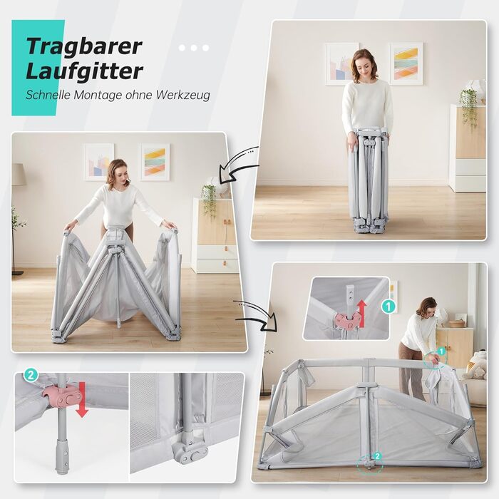 Doradotey playpen baby 150x150cm, foldable baby gate with breathable mesh, baby playpen with two zipper doors, stable grey children's playpen 150x150x68cm Grey