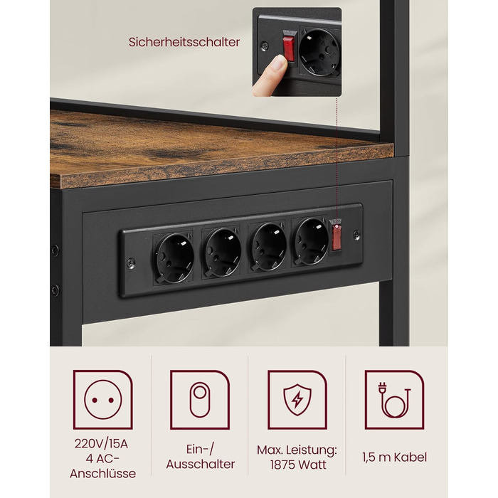 Полиця для кухні VASAGLE з розетками, 40x90x165.5 см, коричневий та чорний, KKS031K11