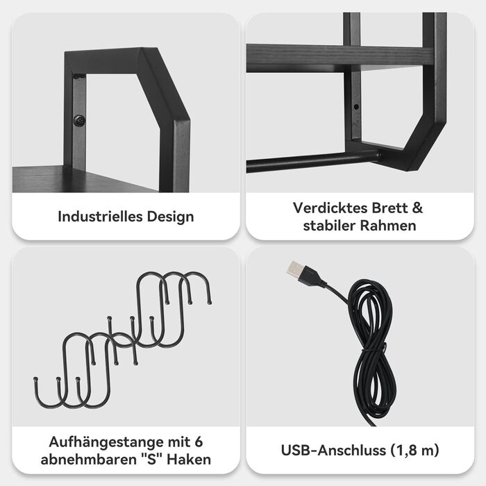 Стильне металеве вітрина для вина з LED-підсвічуванням на стіну, 3 яруси, чорний колір, для бару, кухні, вітальні, ресторану, 20x80 см