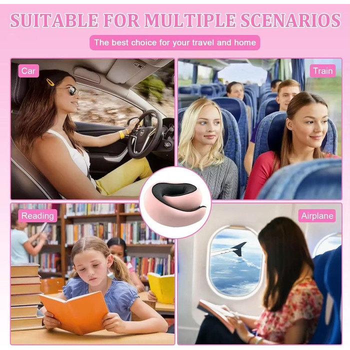 Подушка для шиї Rose - ергономічна, з піною з пам'яті, для подорожей, з маскою для очей та навушниками, рожева