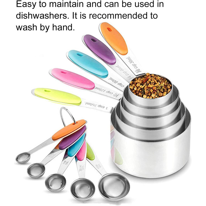 10-Piece Measuring Cup and Spoon Set, Stainless Steel Measuring Spoon Set with Silicone Handle and Scale, Measuring Cup Spoon Set in Various Sizes, for Home (16.5oz-Color)