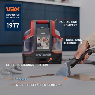 Портативний відпарювач Vax SpotWash Duo для чищення плям на килимах та м'яких меблях з насадкою для тварин, аксесуари для щоденного прибирання, насадки для різних поверхонь та миючий розчин (Spotwash EU)