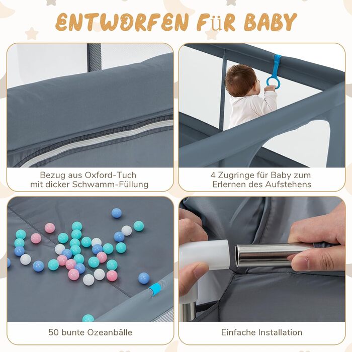 DREAMADE Playpen Baby, 200 x 180cm Playard with 50 Balls & 4 Grips & Carry Bag, Foldable Crawling Gate with Breathable Mesh, for Baby & Toddlers 0-36 Months (Dark Grey)