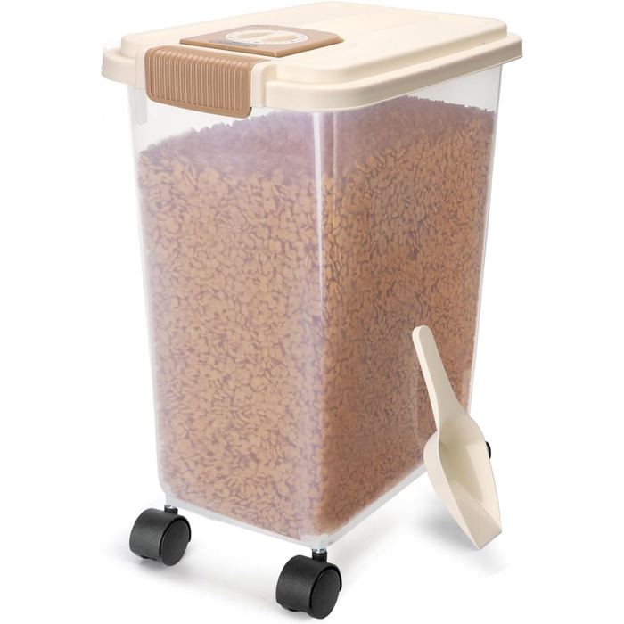 Контейнер для корму для собак та котів Nobleza, 40л, з датою виробництва, з роликами, повітряний, прозорий