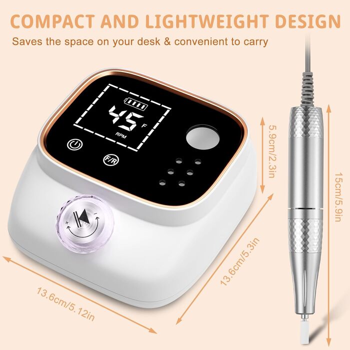 Професійна електрична нігтьова пилка 45000 об/хв для гелевих та акрилових нігтів з LCD-дисплеєм, системою фіксації насадок, набором для манікюру та педикюру для дому та салонів (Білий)