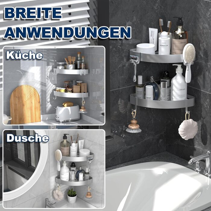 Поличка для душу кутова без свердління, шампунь-холдер, захист від іржі, 2 шт. (срібло)