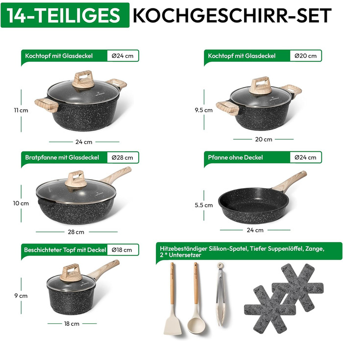 JUST PERFECTO Induction Cookware Set - Frying Pan Set with Lid - 24cm Frying Pan, 28 cm Frying Pan - Cookware Set 28cm Non-Stick Pan without PTFE and PFOA (15-Piece Black)