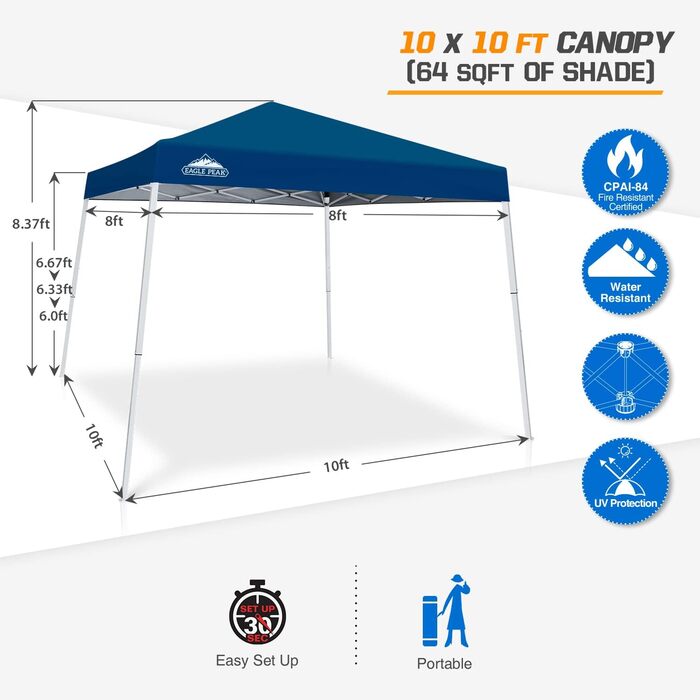 EAGLE PEAK 3x3m Event Tent Slanted Legs Pop-up Gazebo Outdoor, UV Protection 50+ Waterproof Foldable Folding Gazebo for Camping Garden Party, Dark Blue