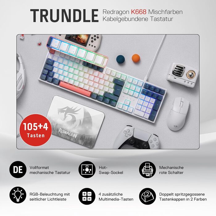 Redragon K668 QWERTZ Клавіатура для ігор з провідним підключенням, 105+4 клавіші, Hot-Swap сокет, тихі червоні перемикачі, двоколірні кейкапи, RGB-підсвітка, мультимедійні комбінації, QWERTZ