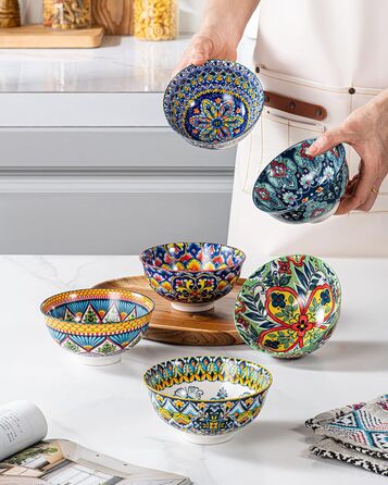 Набір керамічних мисок HENXFEN для мюслі, супу, салату та пасти (6 шт.) - богемний стиль