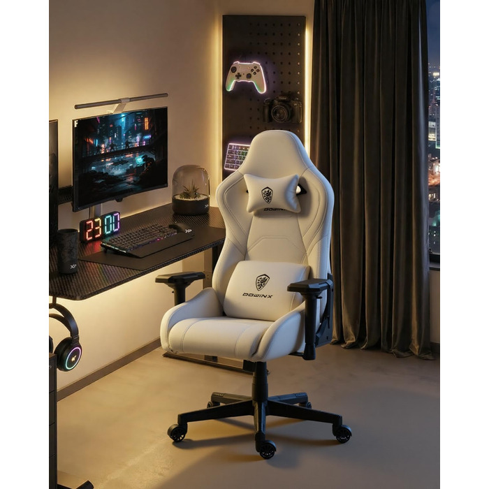 Ігровий крісло Dowinx з 4D підлокітниками, функцією гойдання 15° та регулюванням спинки до 165°, масажний, ергономічний, дизайн у стилі гоночного авто, для геймерів, Esport, вантажопідйомність 135 кг, білий