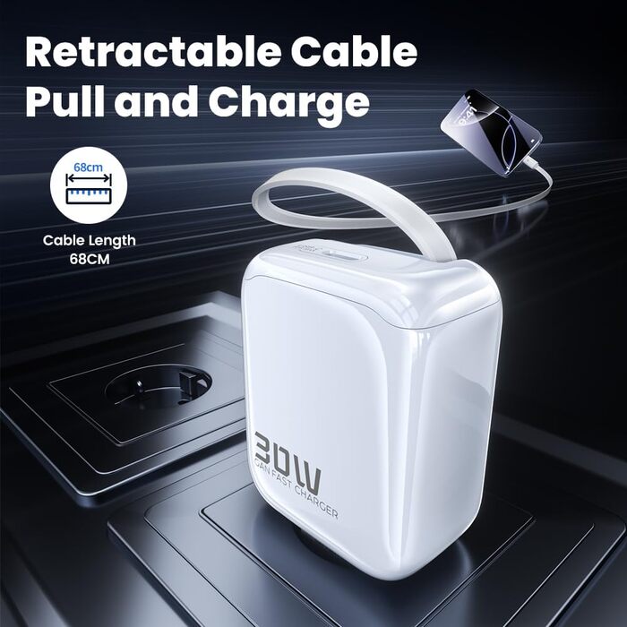 Зарядний пристрій USB-C toocki GaN 67W з LED дисплеєм та вбудованим кабелем 30W для MacBook, iPhone 17 Pro Max, Samsung Galaxy S24 Ultra/S23, Nintendo Switch, ноутбуків та смартфонів