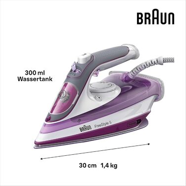 Праска з живленням від пари Braun FreeStyle 5 SI 5037 VI - потужний відпарювач з підошвою Freeglide 3D, вертикальним відпарюванням, 2700 Вт, 200 г/хв, резервуар 330 мл, фіолетовий