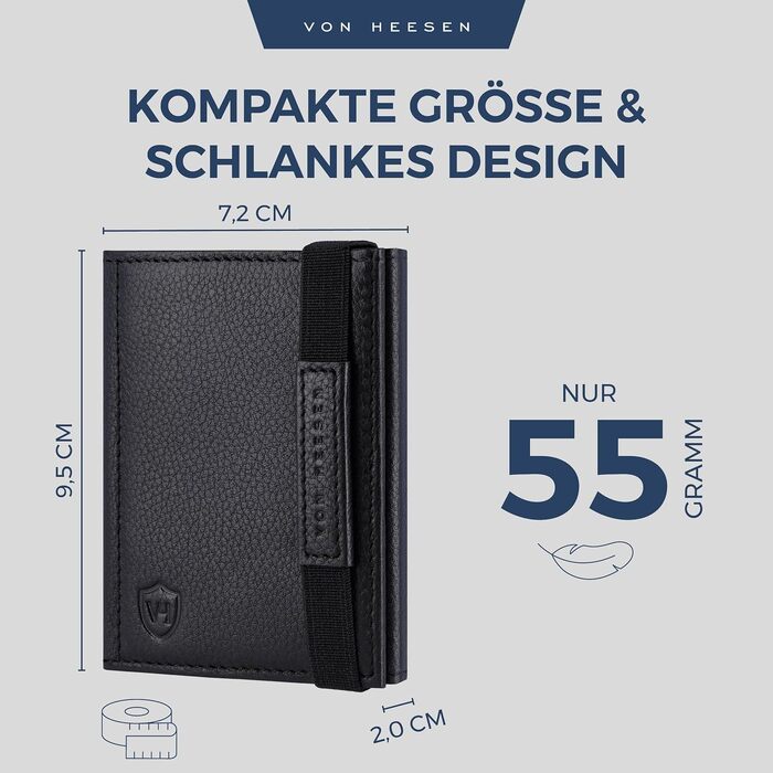 Шкіряний тонкий гаманець VON HEESEN з RFID захистом — компактний картхолдер та портмоне для чоловіків та жінок, чорний (без монетниці)