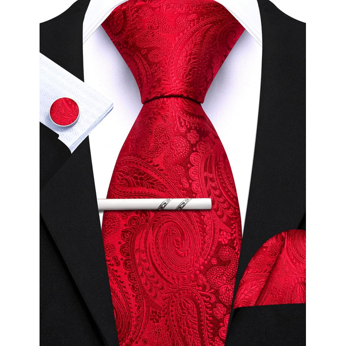 Краватка з шовковим візерунком пейслі, нагрудна хустинка та запонки, комплект 3 шт. Barry.Wang, червоний колір, для урочистих подій та весілля