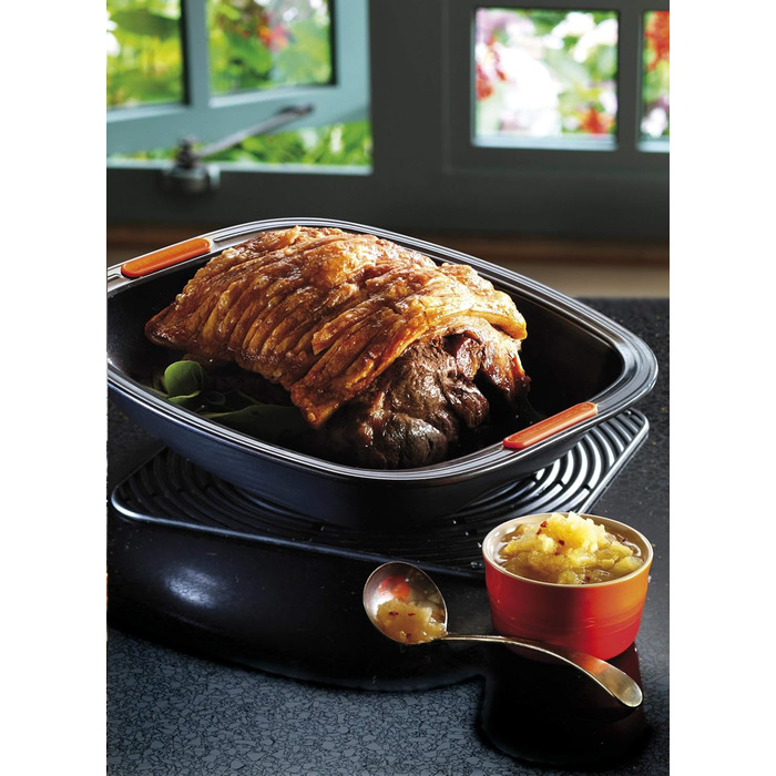 Le Creuset Non-Stick Roasting and Baking Dish, 33 x 29 cm, Sourdough Safe, Made of Carbon Steel, Anthracite/Orange, 94100539000000 33 cm Roasting and Baking Dish