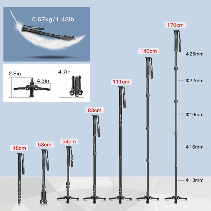 Штатив для камери Manbily A-222 з висувними ніжками з алюмінію, 5 секцій, до 170 см, 7 кг, для DSLR Canon/Sony/телефону (сірий/чорний)