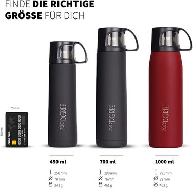 Термос 720°DGREE Thermoskanne 'Follow' 1л з чашкою, 12 год гарячий, 24 год холодний, не протікає, без BPA, з нержавіючої сталі, ізотермічна пляшка для кави, чаю, роботи, школи, в дорогу, 1000 мл, Imperial Red, матове покриття, червоний