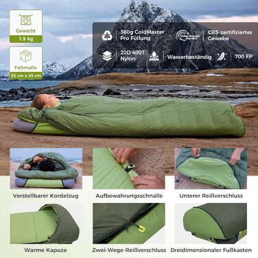 ATEPA 3-Season Down Sleeping Bag - Recyclable 650FP, Lightweight with Removable Blanket - Adult Quilting Sleeping Bag for Backpacking & Hiking (Pro Green, ThermaExtreme Pro Max)