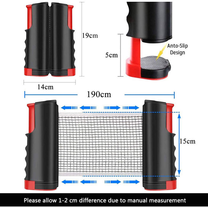 Мережа для настільного тенісу, висувна, 190 см (макс), портативна, замінна, для столу, офісу, їдальні (чорний, червоний)