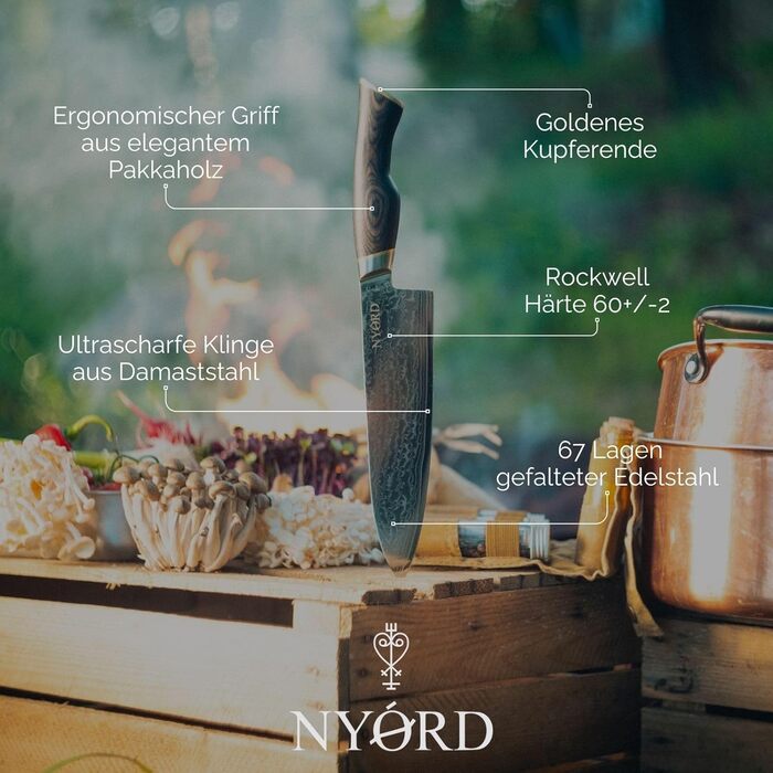 Кухонний ніж шеф-кухаря NYORD з дамаської сталі, 20 см, ергономічна ручка з паккавуду