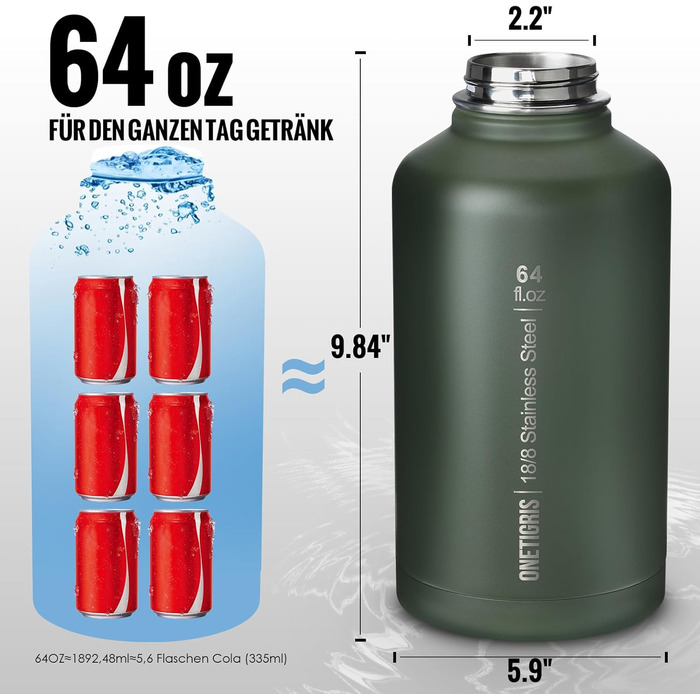 OneTigris Stainless Steel Water Bottle, 1.9L High Capacity, Insulated Sports Bottle for Bicycle, Camping, Yoga, Gym, Softair, OD Green, 64oz