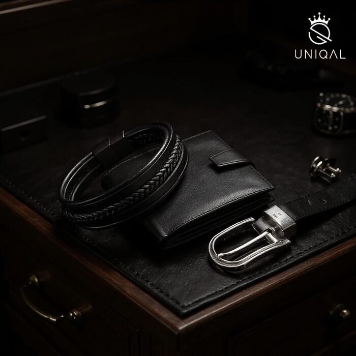 Чоловічий браслет UNIQAL 'Premium Style' з натуральної шкіри та нержавіючої сталі | Коробка-подарунок | 19 см