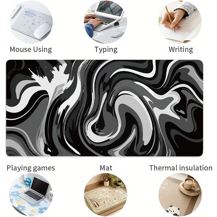 Великий килимок для столу 800x400 мм - ігровий килимок для миші з прошитими краями, неслизька підкладка, килимок для клавіатури та миші Black & White Abstraction