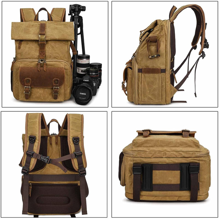 Рюкзак для фотокамери Vmokki Rolltop з водонепроникним покриттям, великий, з швидким доступом, анти-крадіжка, тримач для штатива, відділення для ноутбука. Підходить для дзеркальних фотоапаратів, аксесуарів (Хакі)