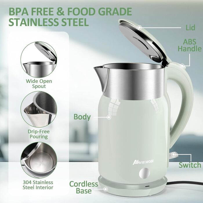 Navie Mobi Stainless Steel Electric Kettle - 1.8L, 2200W Fast Boiling, BPA-Free, Double-Walled, Drip-Free, Auto Shut-Off, Quiet & Cordless, SGS Certified, Turquoise Green
