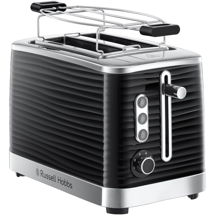 Тостер Russell Hobbs Inspire для 2 скибок, чорний, 6 режимів, широкі відділення, підставка для булочок, розморожування та підігрів